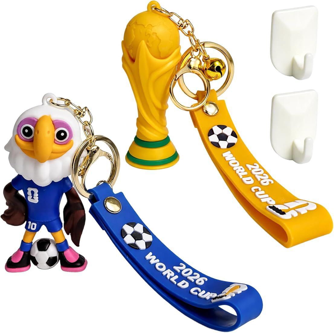 FIFA World Cup 2026™ keychains feature the official mascot Clutch the Bald Eagle and the iconic championship trophy