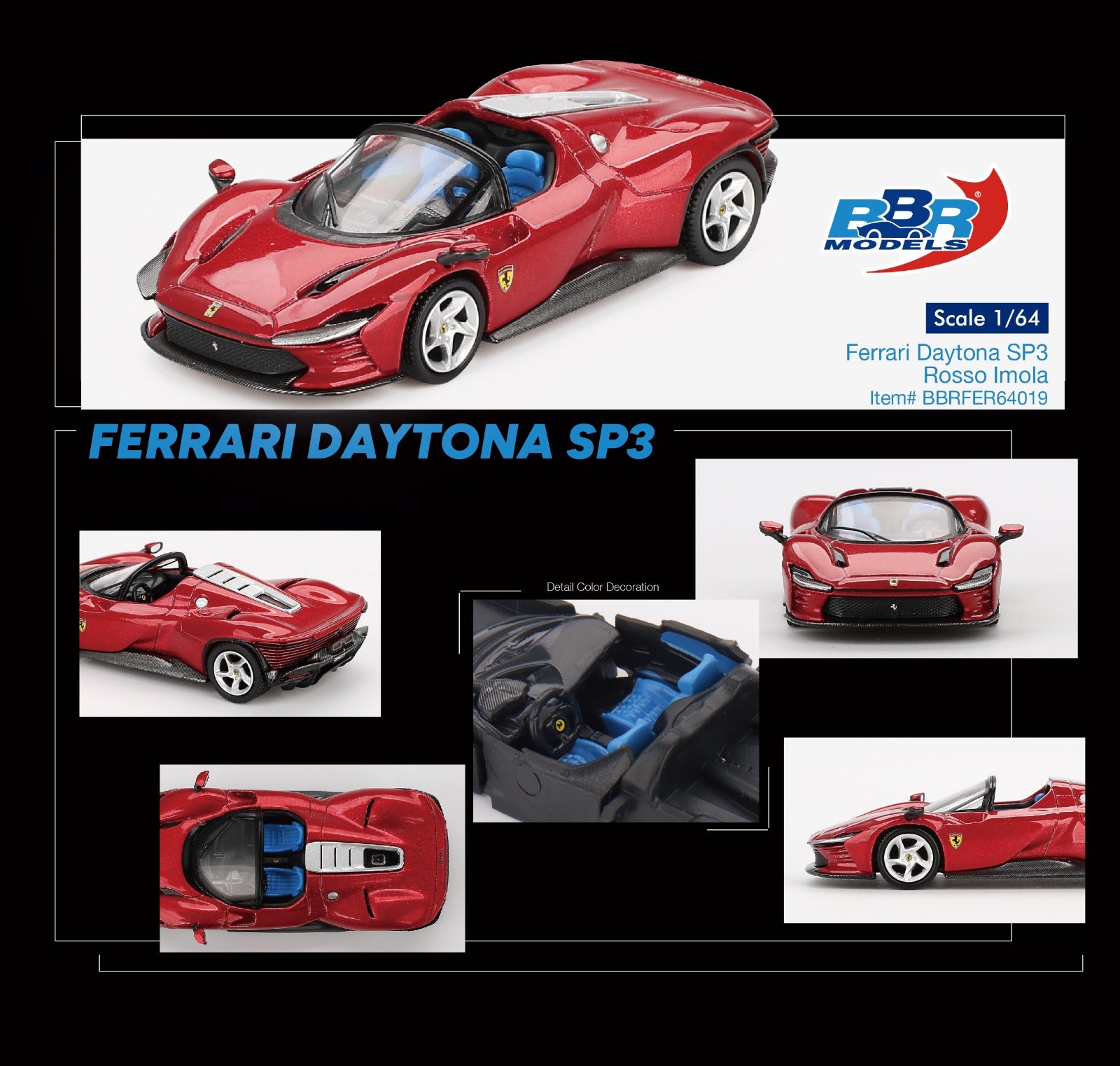 Cocoland Toys BBR Ferrari Daytona SP3 Rosso Imola 1:64 scale model with collector packaging