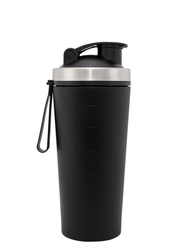 Black stainless steel shaker bottle designed