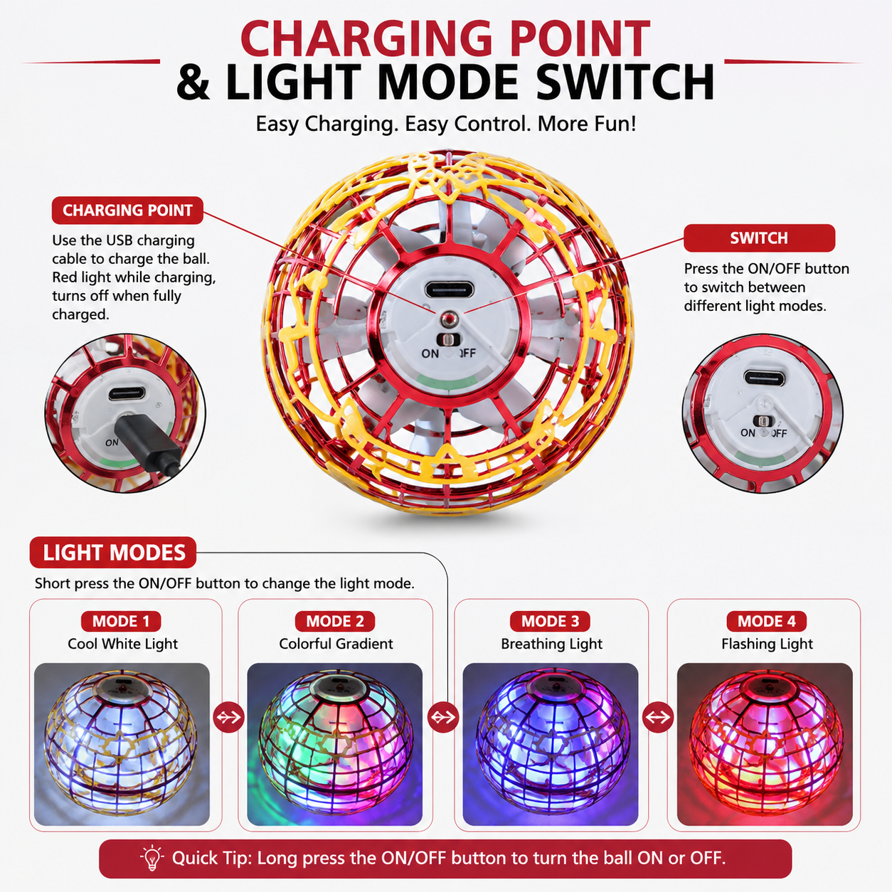 Flying Spinner Globe USB Rechargeable  – Multi LED Light Modes with Easy Charging & One-Touch Mode Switch