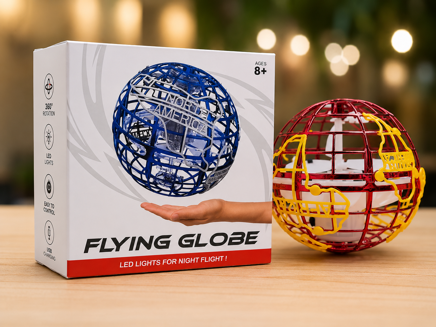 Flying Spinner Globe USB Rechargeable  – Multi LED Light Modes with Easy Charging & One-Touch Mode Switch