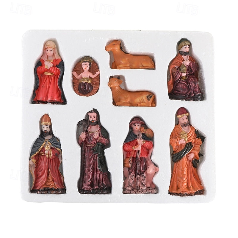 9pcs Christmas Nativity Scene Figurines Set, Resin Holy Family Mary, Joseph, Baby Jesus, Religious Christmas Decor, Nativity Manger Figurine