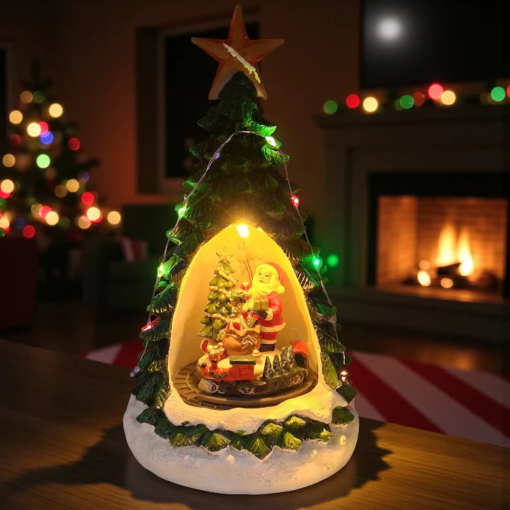 Musical Ceramic Decoration, Luminous and Animated, Santa Claus with Rotating Train, 24cm, USB Charging,