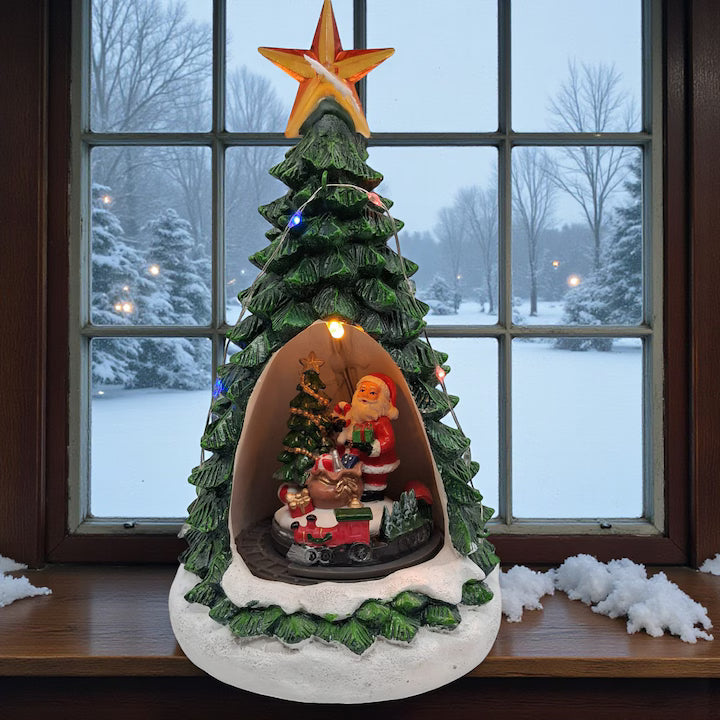 Musical Ceramic Decoration, Luminous and Animated, Santa Claus with Rotating Train, 24cm, USB Charging,
