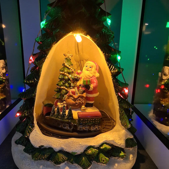Musical Ceramic Decoration, Luminous and Animated, Santa Claus with Rotating Train, 24cm, USB Charging,