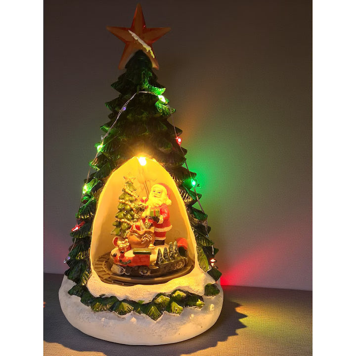 Musical Ceramic Decoration, Luminous and Animated, Santa Claus with Rotating Train, 24cm, USB Charging,