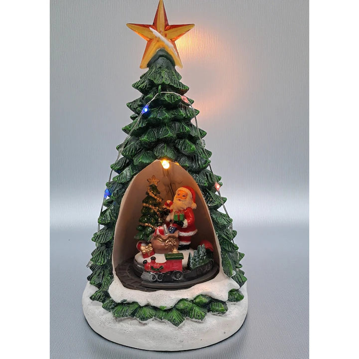 Musical Ceramic Decoration, Luminous and Animated, Santa Claus with Rotating Train, 24cm, USB Charging,