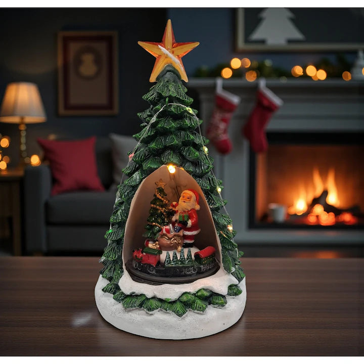 Musical Ceramic Decoration, Luminous and Animated, Santa Claus with Rotating Train, 24cm, USB Charging,