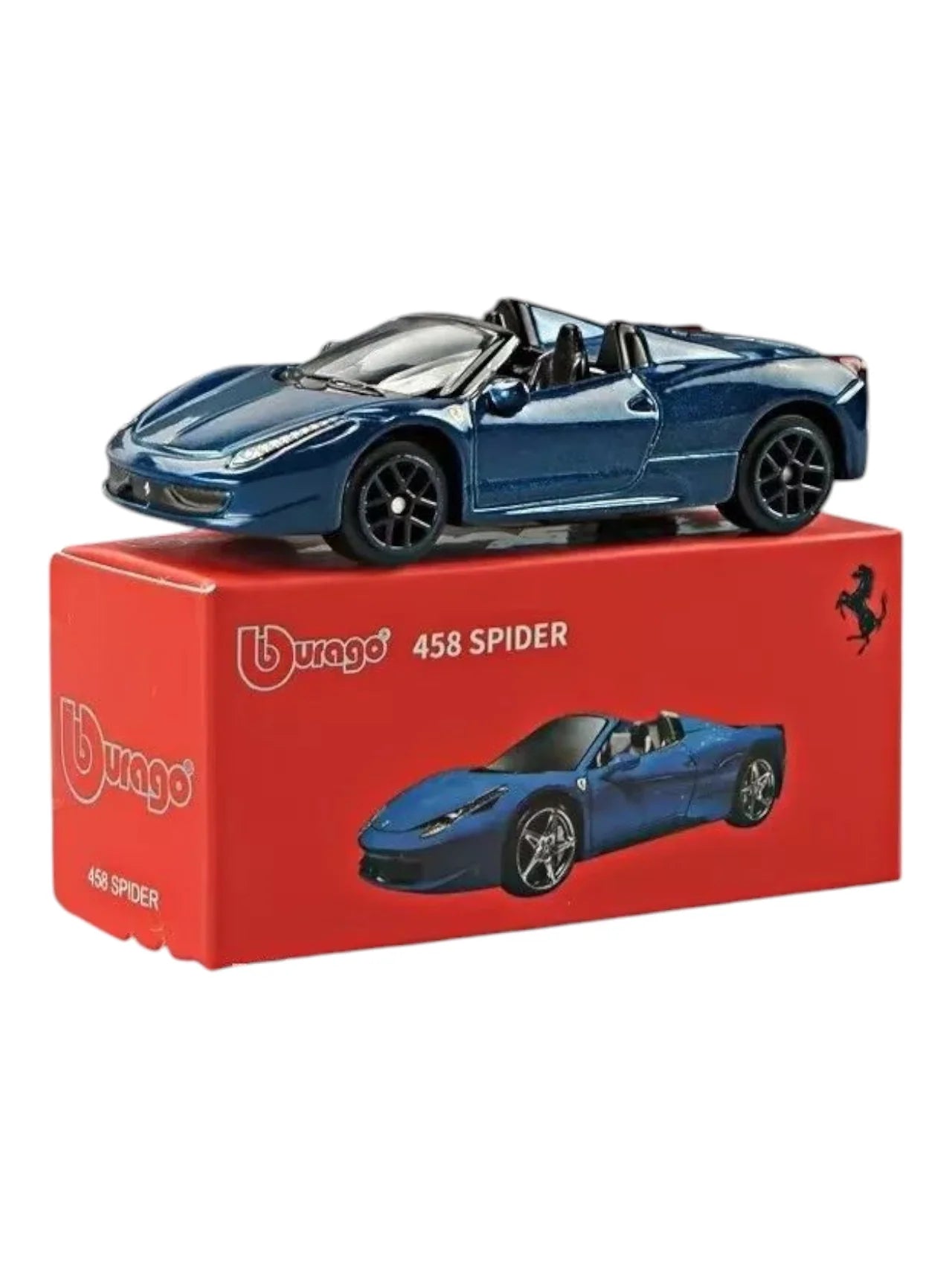 Bburago Ferrari 458 Spider Blue 1:64 diecast model on red display box Cocoland Toys