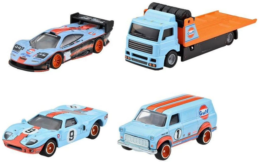 Hot Wheels Premium Gulf Set 1997 McLaren F1 GTR, Ford Transit Supervan, and Fleet Street Transport Truck.