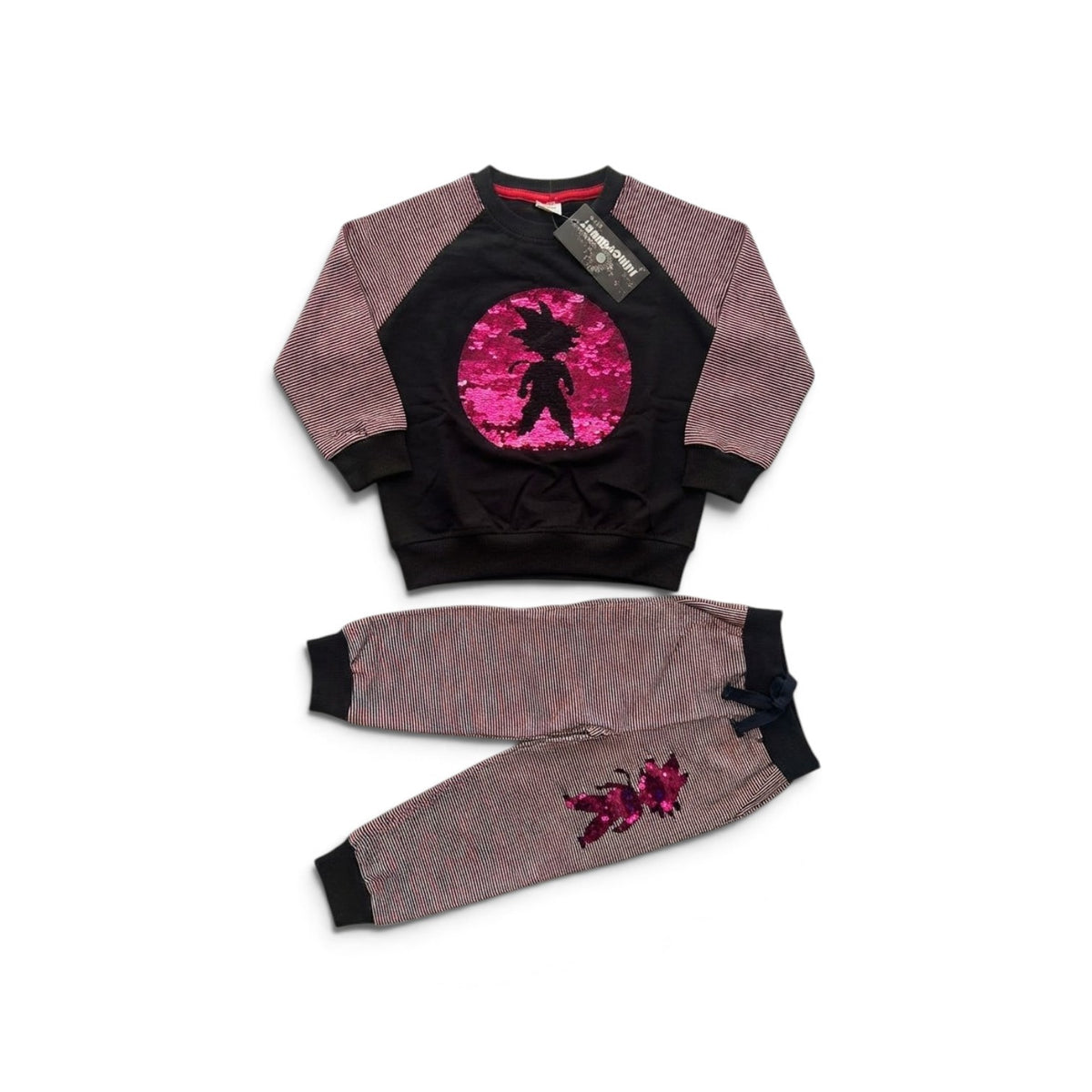 Kids Anime Sequin Tracksuit Set – Goku Inspired Sweatshirt & Striped Joggers