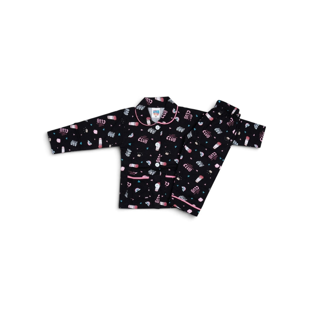 Kids Printed Full-Sleeve Cotton Night Suit Set (Black)