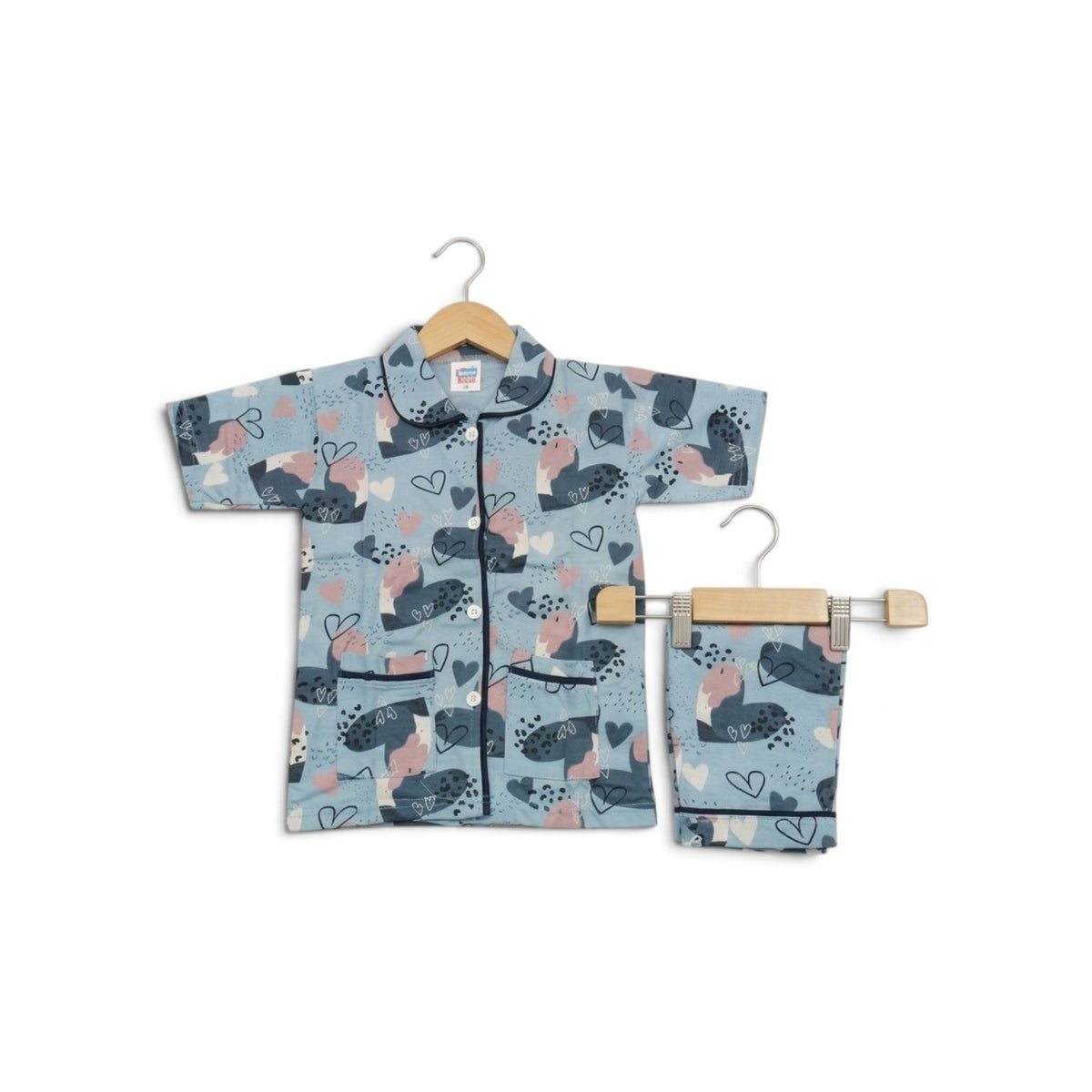 Kids' Sky Blue Heart Printed Cotton Night Suit Set
