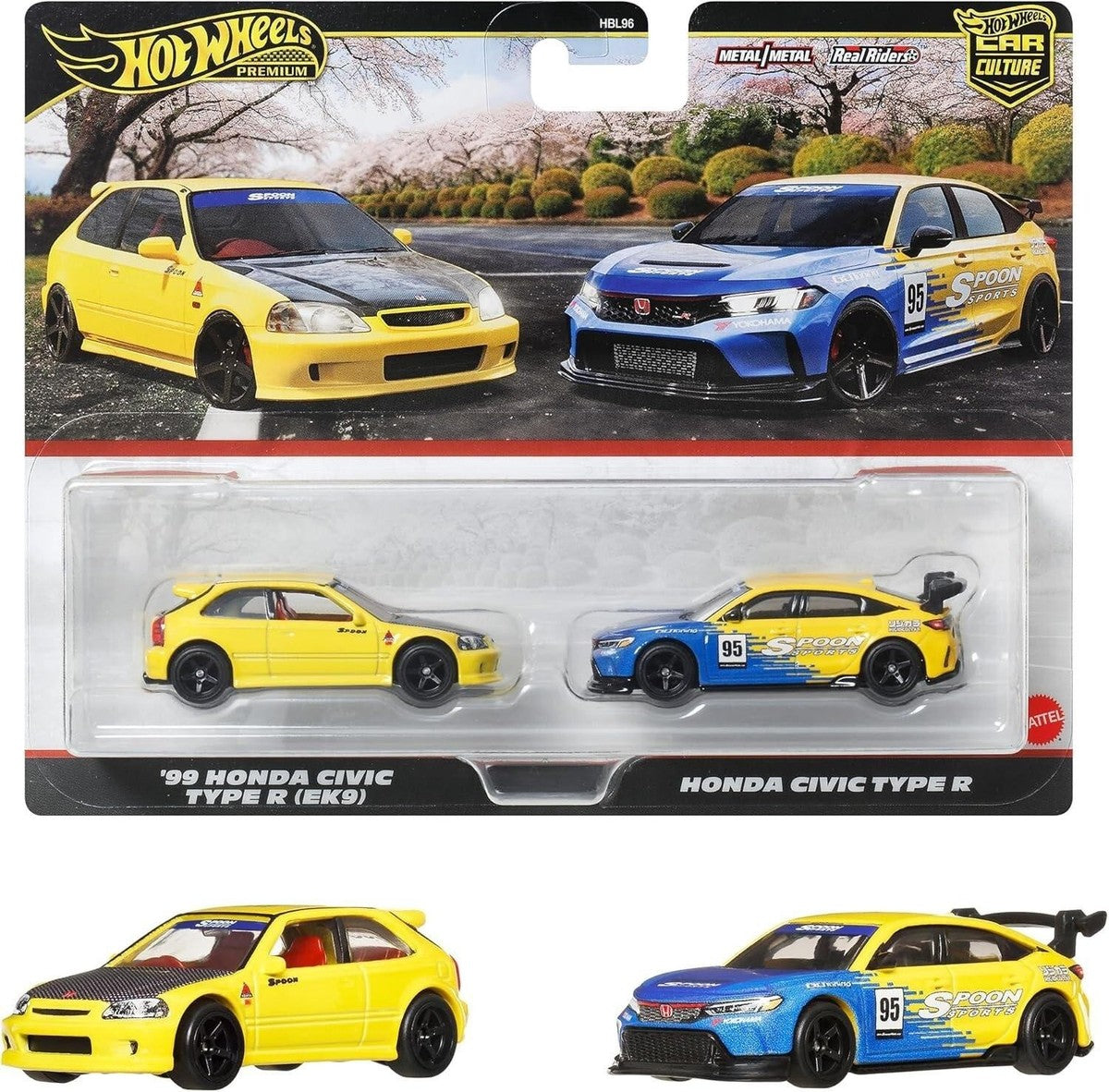 Cocoland Toyz Hot Wheels Premium Honda Civic 2-Pack featuring 1999 Honda Civic Type R EK9 and Honda Civic Type R die-cast cars.