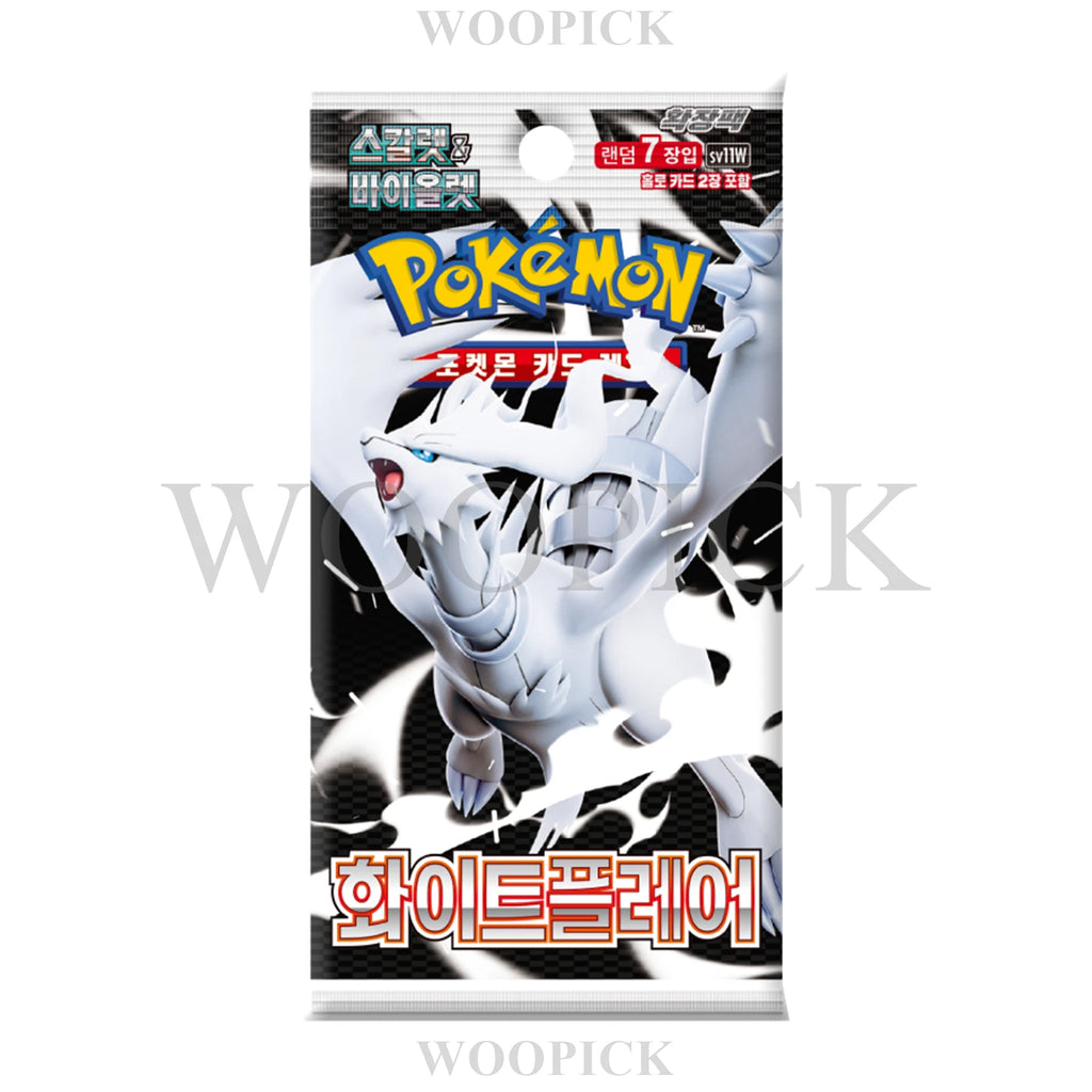 Pokémon trading card game packaging with a white and black character on a black background