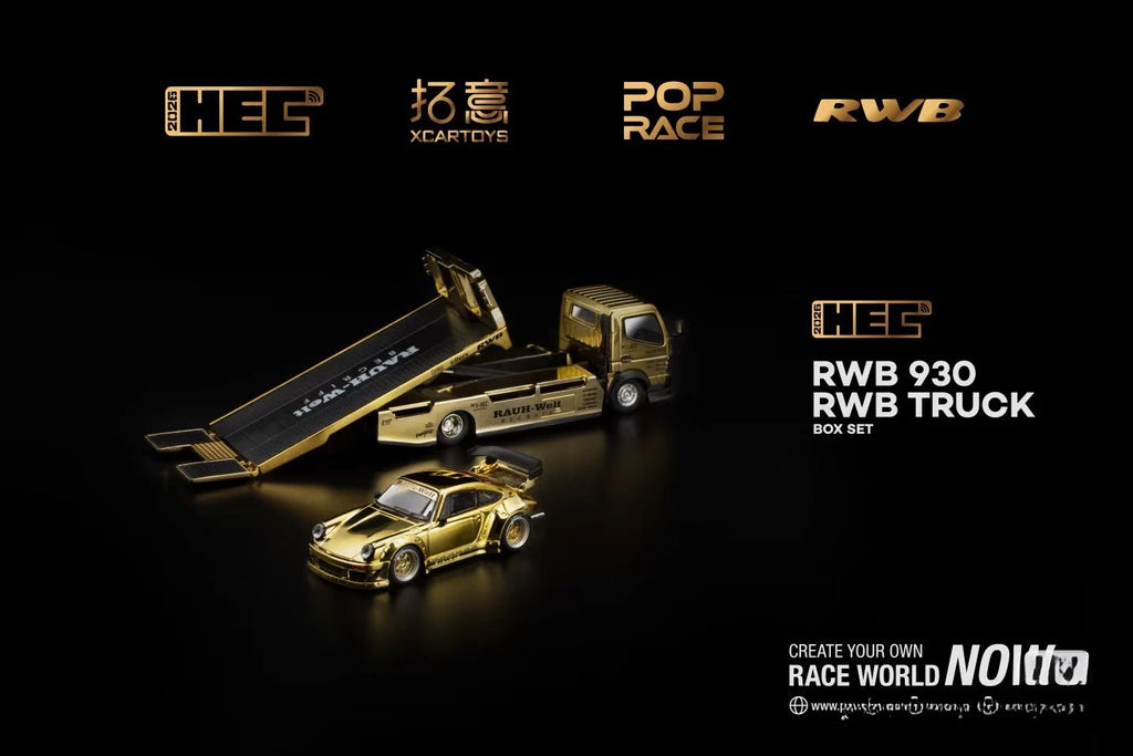 [PRE-ORDER] Pop Race XCartoys HEC Beijing 1/64 RWB 930 Gold Set Ltd 300 Truck Transporter Limited-Edition Gold Chrome Finish
