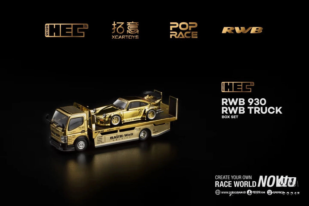 [PRE-ORDER] Pop Race XCartoys HEC Beijing 1/64 RWB 930 Gold Set Ltd 300 Truck Transporter Limited-Edition Gold Chrome Finish