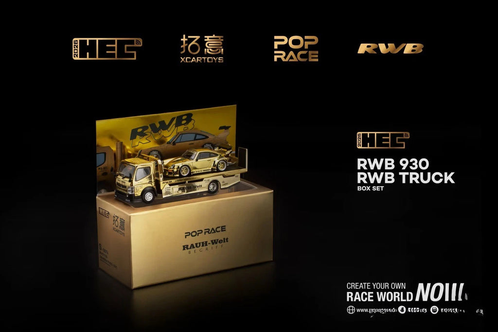 [PRE-ORDER] Pop Race XCartoys HEC Beijing 1/64 RWB 930 Gold Set Ltd 300 Truck Transporter Limited-Edition Gold Chrome Finish