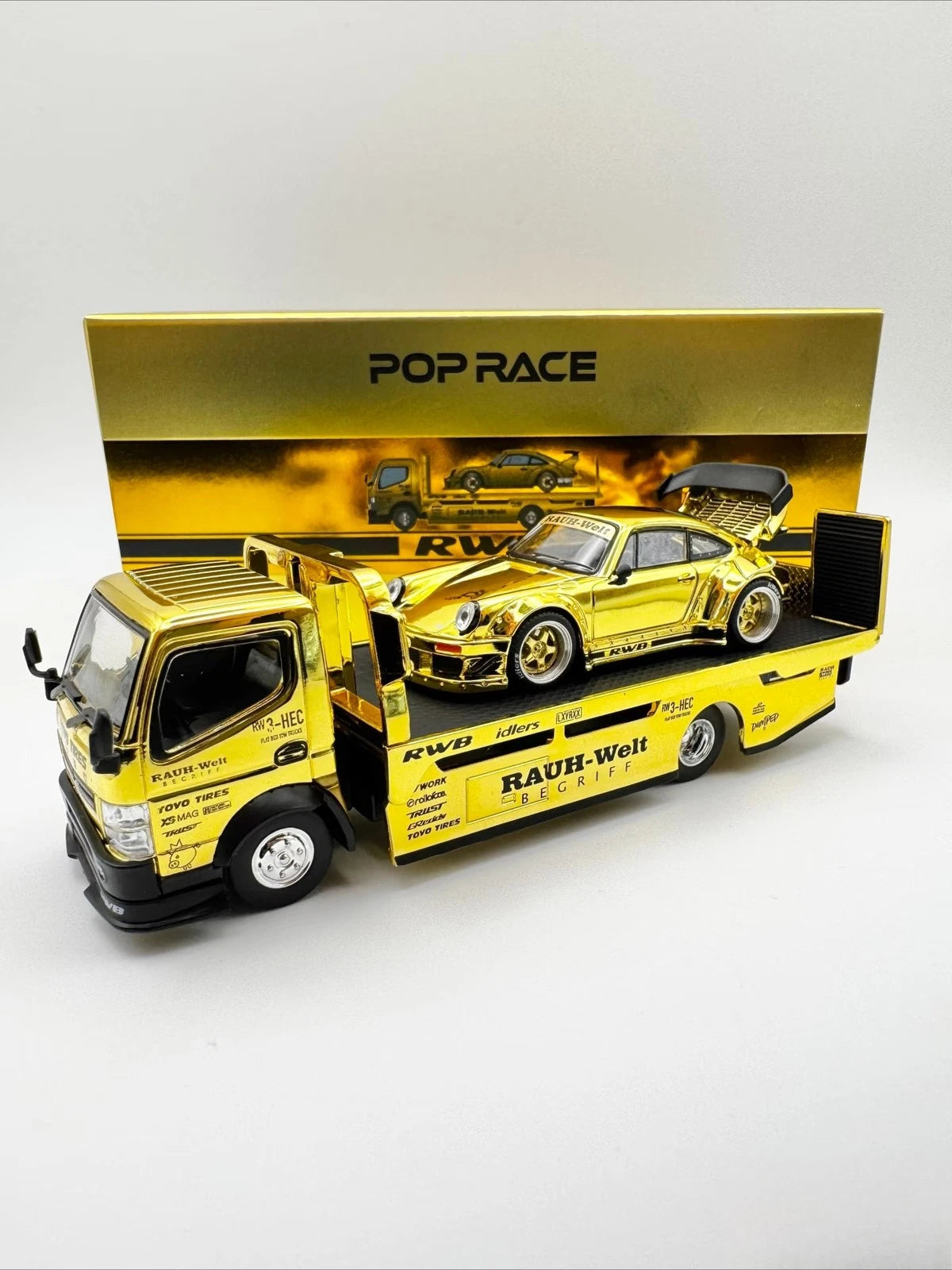 [PRE-ORDER] Pop Race XCartoys HEC Beijing 1/64 RWB 930 Gold Set Ltd 300 Truck Transporter Limited-Edition Gold Chrome Finish
