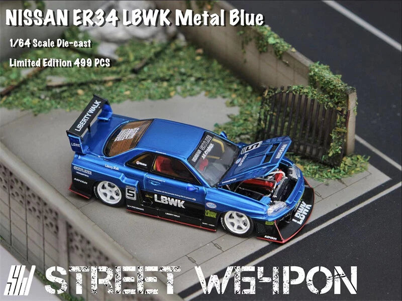 Street Weapon 1:64 LBWK ER34 Openable Hood Edition Metallic Blue Model Car