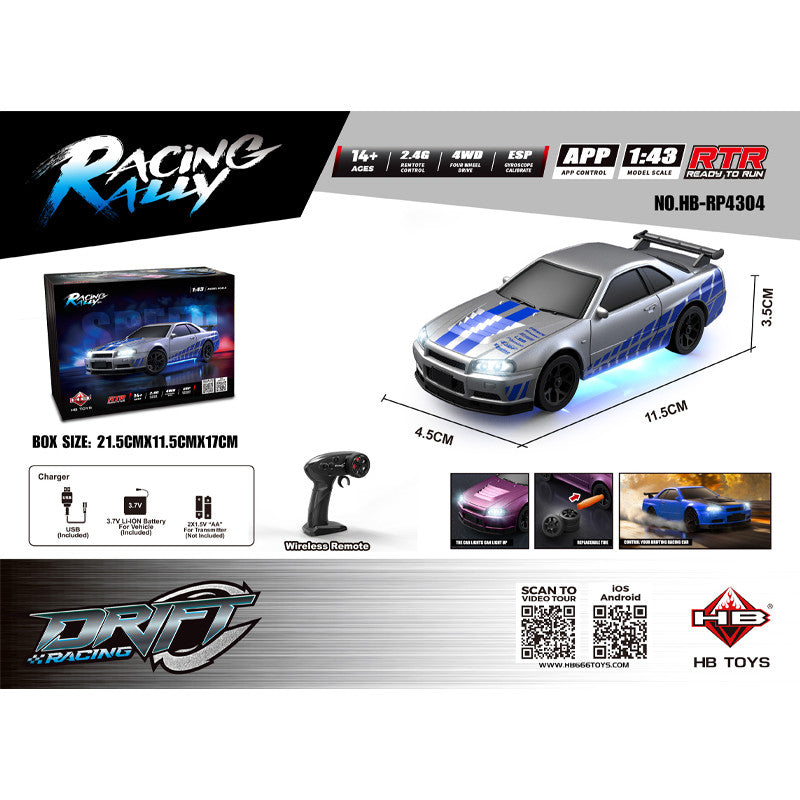 HB Racing Rally R/C1/43 Nissan Skyline GT-R R34 24G Full Ratio 4WD High Speed Car ESP Gyroscope APP Drift Racing Model