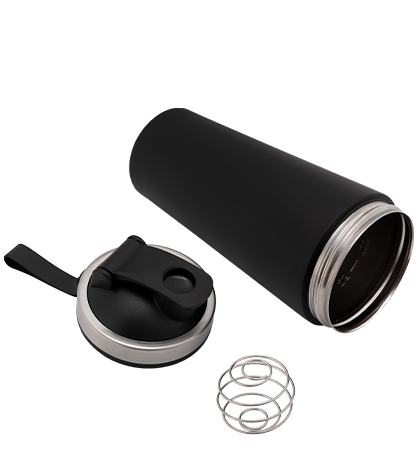 Black stainless steel shaker bottle designed