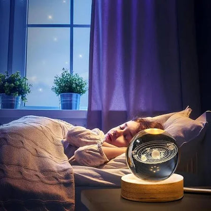 3D Galaxy Crystal Ball Night Lamp,Creative Engraved Night Light USB Table LED Wooden Crystal Ball