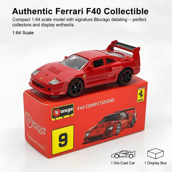 Bburago Ferrari F40 Competizione 1:64 diecast model on red display box Cocoland Toys
